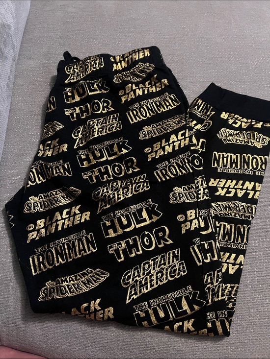Marvel Pants - Marvel Black Sweatpants with Gold Superhero Logos